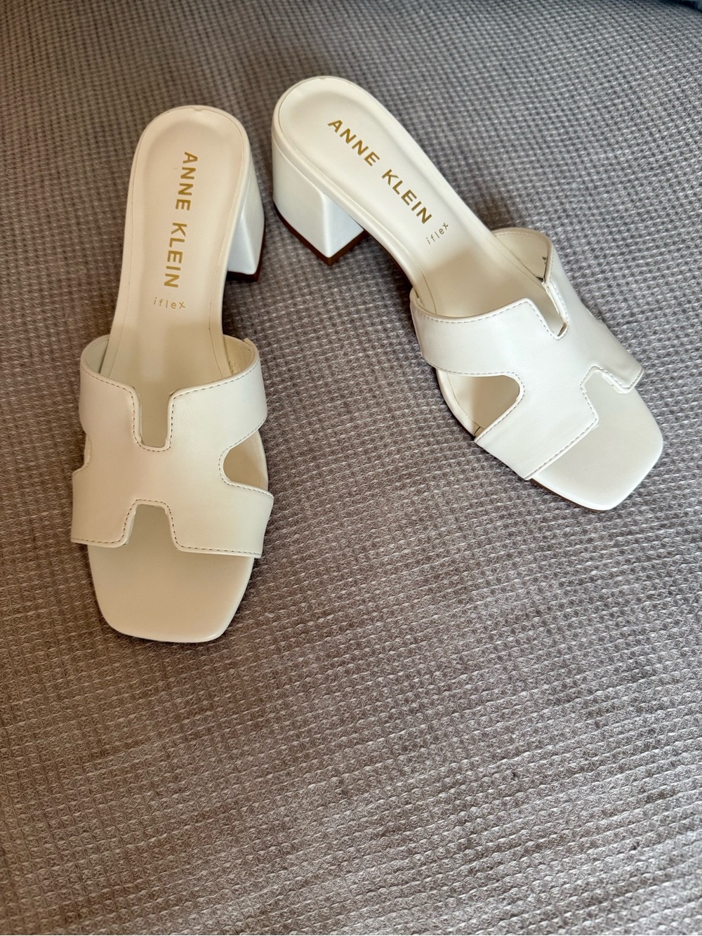 Anne Klein Delphine White Cutout Slide Mules with Block Heel
